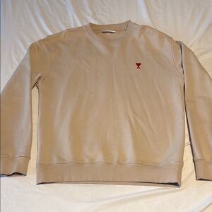 AMI Neutral Beige Crewneck Sweatshirt with Red Heart Logo